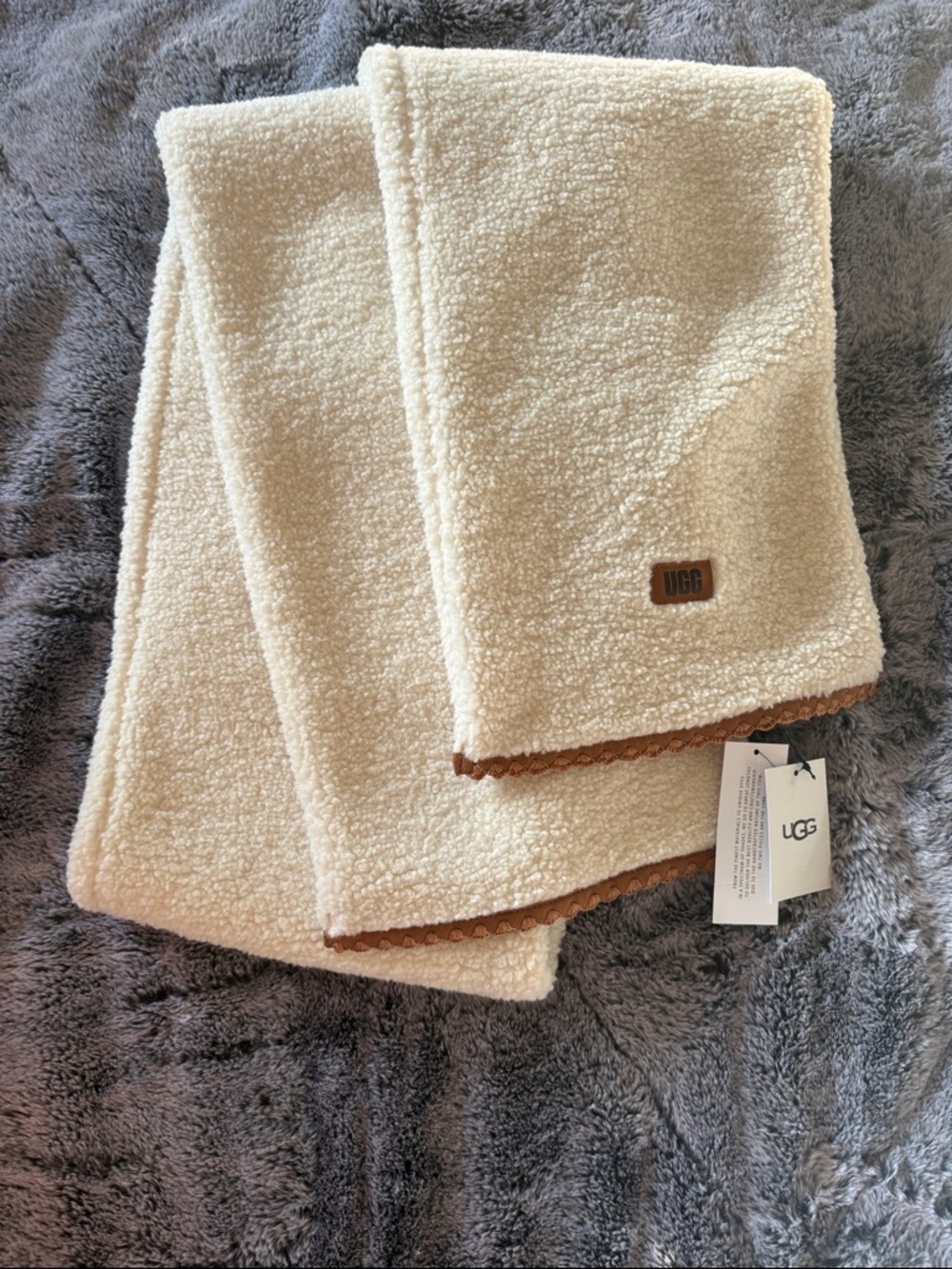 UGG Cream Sherpa Scarf with Tan Trim